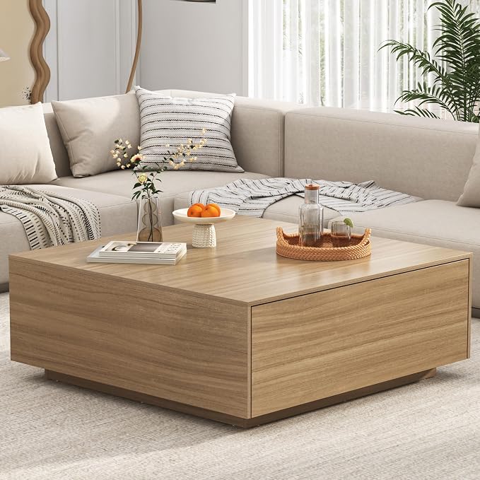 47” Square Coffee Table with Storage, 47" D x 47" W x 17" H Modern Large Square Center Table with 2 Drawers,Wood Coffee Table for Living Room,Bedroom（Light Brown）