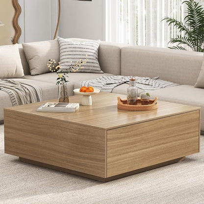 47” Square Coffee Table with Storage, 47" D x 47" W x 17" H Modern Large Square Center Table with 2 Drawers,Wood Coffee Table for Living Room,Bedroom（Light Brown）