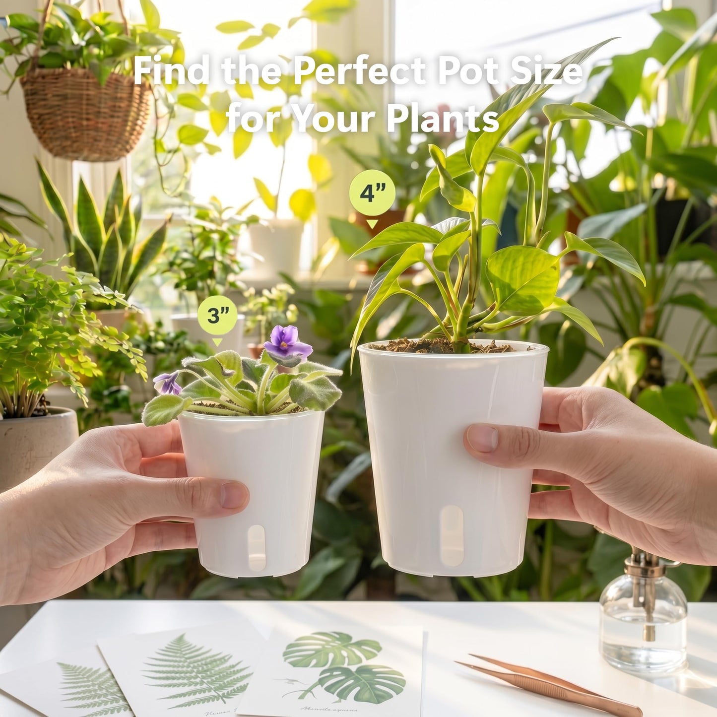FYRIXONE 10 Pack 4" Self Watering Small White Plant Pots for Indoor Plants, Clear Inner Cup, Water Level Indicator, Drainage Holes & Wick, for Cuttings, Seedlings, Herb, African Violet, Hoya, Begonia