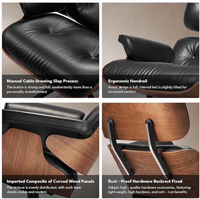 Top Black Grain Leather, Mid Century Chaise Lounge Chair and Ottoman, Accent