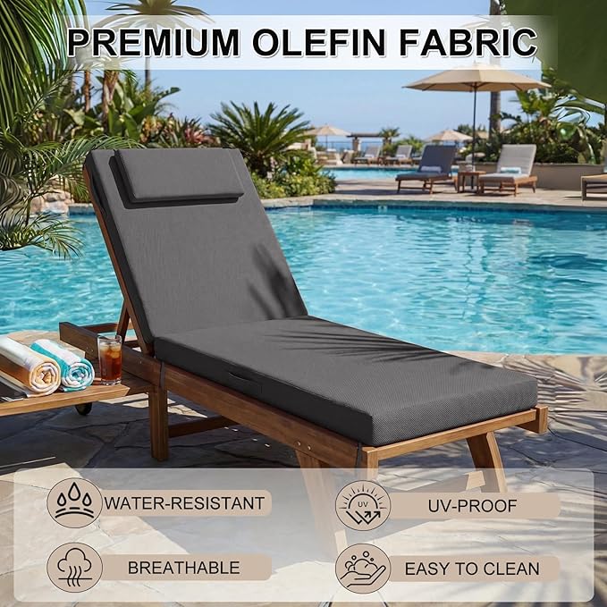 Outdoor Chaise Lounge Cushions, 71x21 Inch Olefin Water & Fade Resistant Pool
