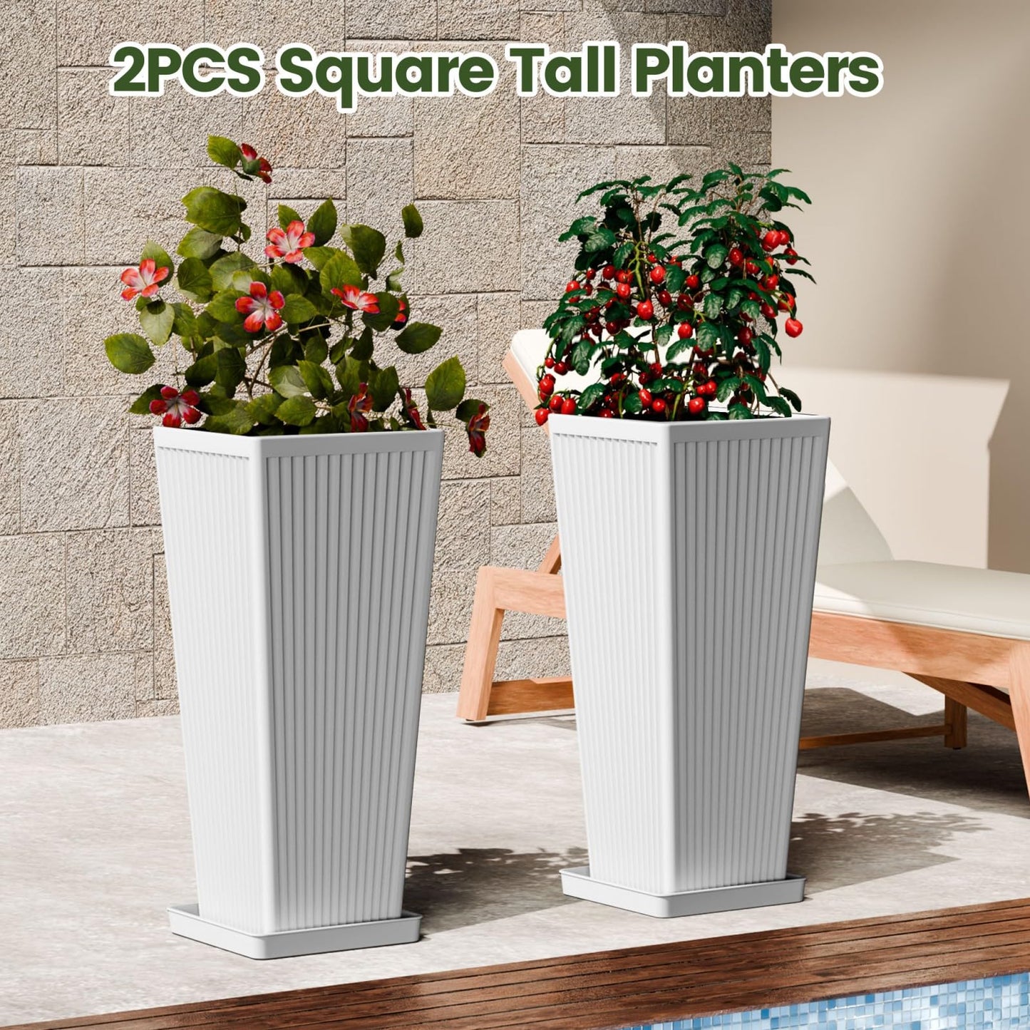 Diyfire Front Porch Planters Outdoor Set of 2, 24" Tall Plastic Planters for Outdoor Plants with Drainage, Extra Large Outdoor Planter Pots, Tapered Tall Planters for Front Door & Indoor Plants, White
