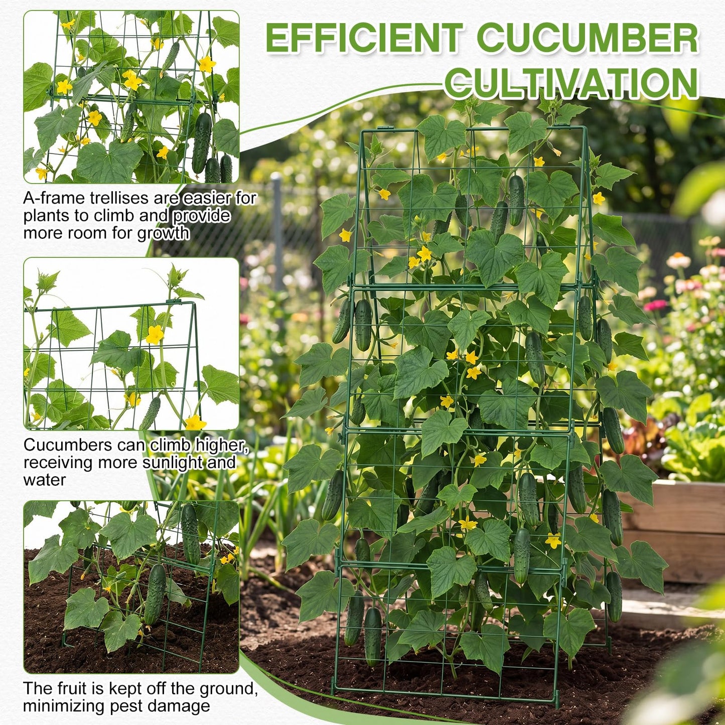 Chumia 2 Pack 48" x 16" Thickened Cucumber Trellis for Raised Bed Garden, Foldable A Frame Metal Garden Trellis for Climbing Plants Outdoor Plant Support for Vegetables Fruit, Green