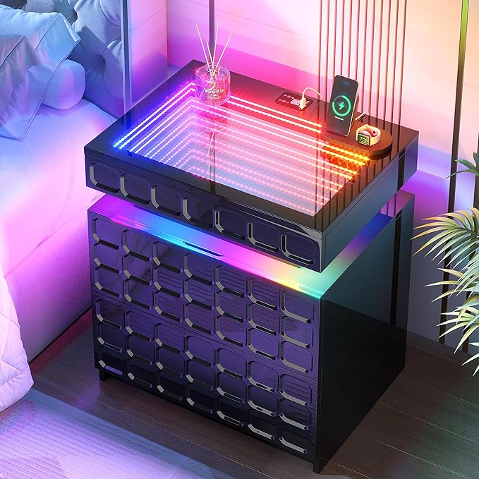 Night Stand with Charging Station and Smart RGB Lights, LED Nightstand with