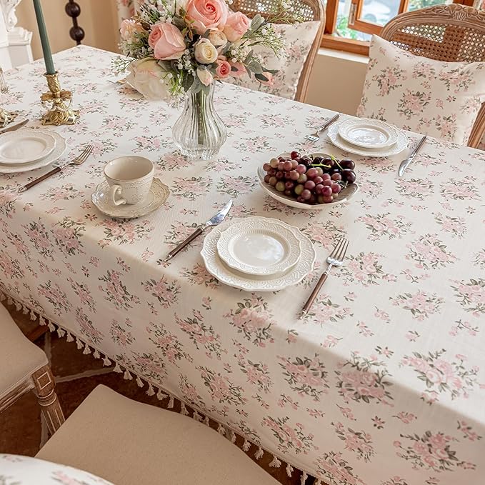 VClife Shabby Chic Pink White Floral Tablecloth