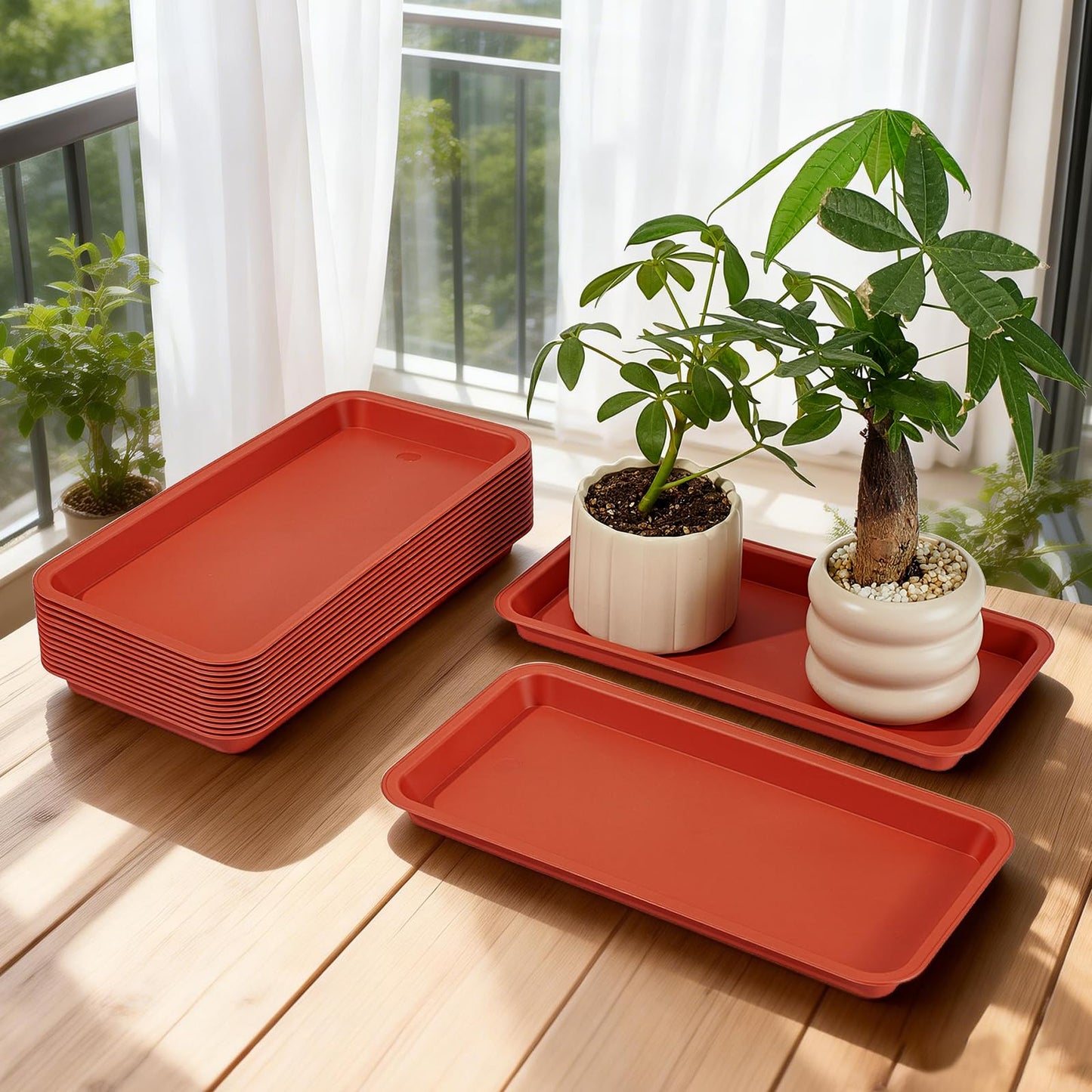 INTERWARM 16 Pack Rectangular Plastic Plant Saucers Tray Bulk, 13x6.7Inch Large Plastic Plant Drip Trays Flower Pot Drip Trays for Indoor and Outdoor No Holes Window Shelf, Indian Red