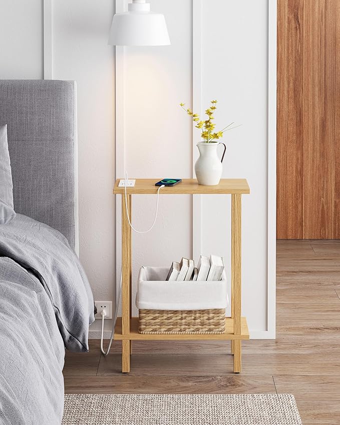 TUTOTAK Small End Table with Charging Station, Narrow Side Table with USB Ports