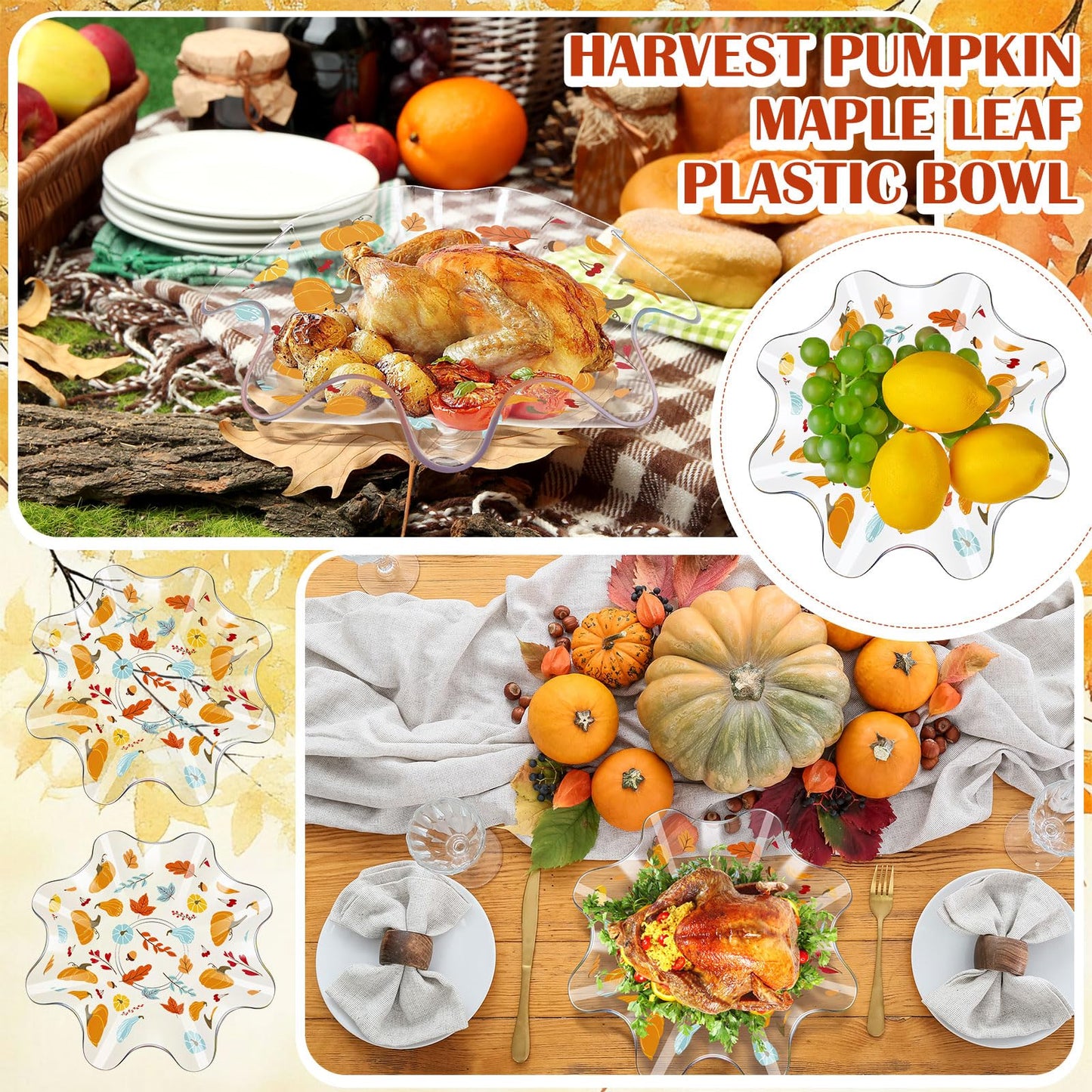 Tioncy 4 Pcs Thanksgiving Plastic Bowls 8 Inch Fall Pumpkin and Autumn Maple Leaves Candy Bowl Reusable Serving Dish for Snack Fruit Holiday Tableware for Thanksgiving Fall Harvest Parties