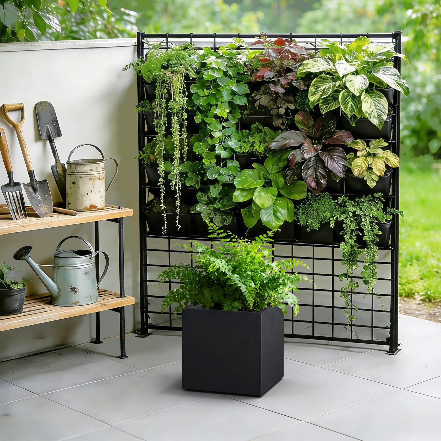 Kante 12 Inch Square Concrete Planter for Outdoor Indoor Home Patio Garden, Large Plant Pot with Drainage Hole and Rubber Plug, Black