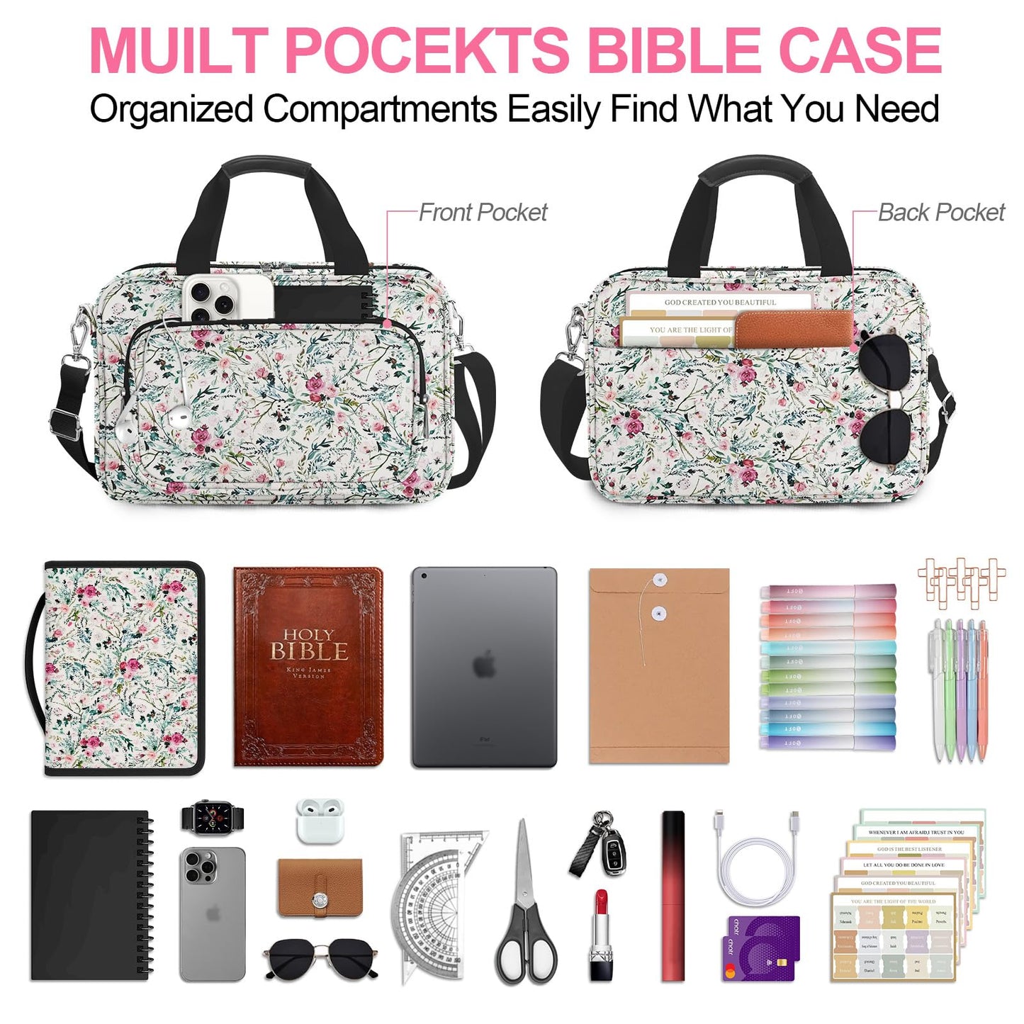 IBOVODI Pink Floral Bible Cover Case for Women, Cute Flower Large Bible Bag Book Carrying Bag with Strap Handle Zipper Pockets, Pens and Highlighters Cross Clips for Bible Study & Church