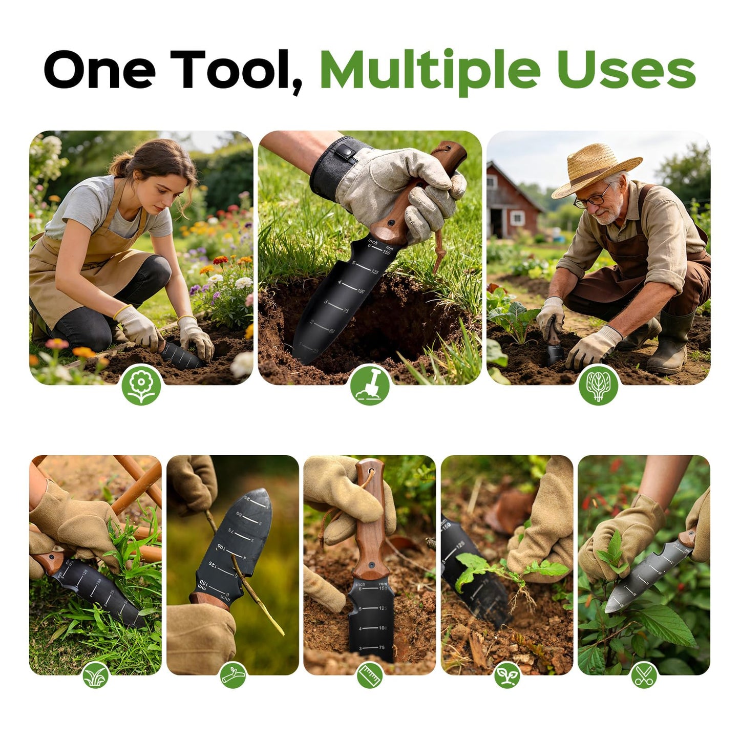 Hori Hori Garden Knife, Garden Tools Trowel with EDC Sheath, Gardening Tools for Weeding Digging Planting with 7" Stainless Steel Blade,Dual-Scale Measurement,Hanging Hole, Gifts for Women Mom Men Dad