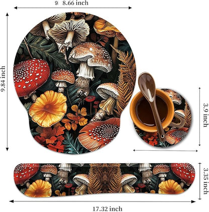 Keyboard Wrist Rest and Mouse Wrist Rest Pad with Cup Coaster,Made of Memory Foam,Ergonomic Support,Easy-Typing and Pain Relief,for Gaming Office Home Computer,Cute Forest Mushroom