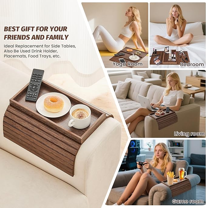GEHE Bamboo Sofa Arm Tray, Foldable Couch Arm Tray Side Table, Anti-Falling