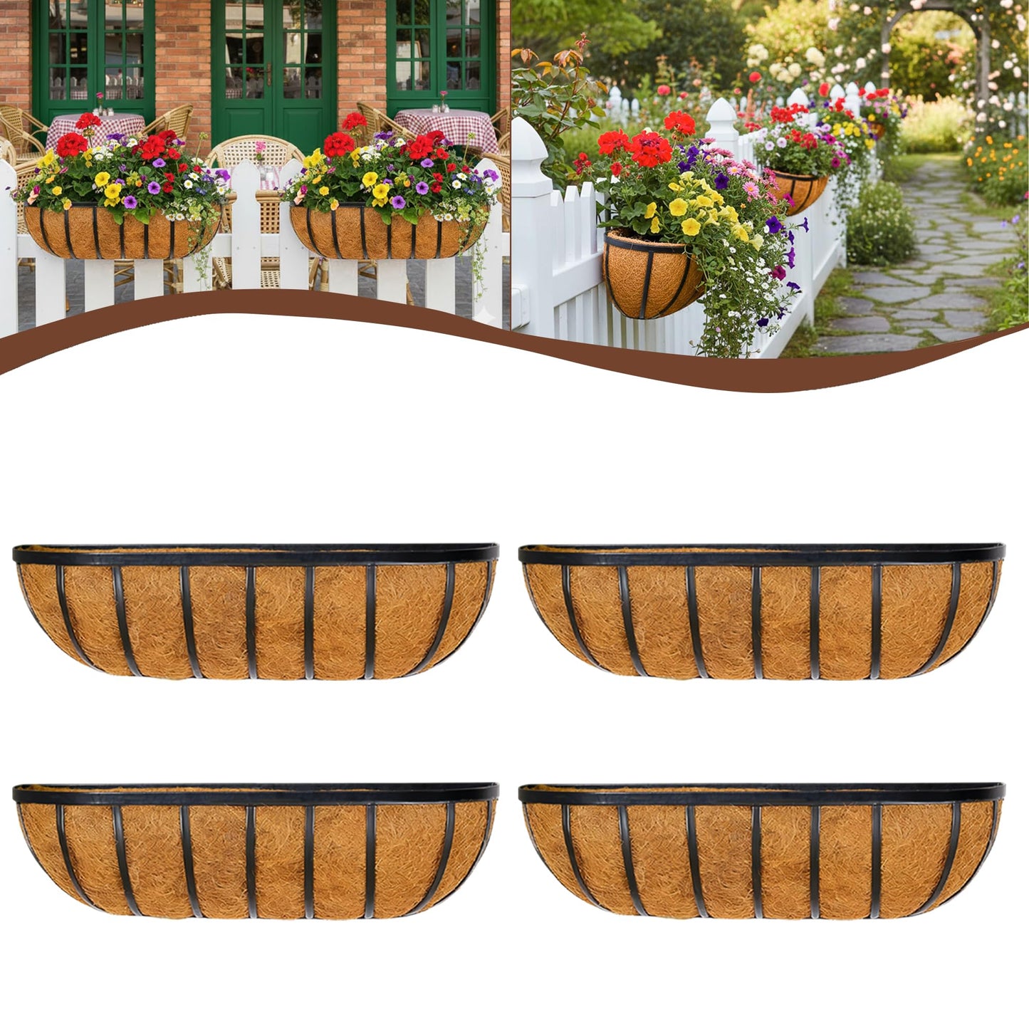 JFFLYIT 4 Pcs 36“ Railing Planter Window Box Deck Railing Planter Boxes with Coco Liner English Horse Trough Planters Metal Wall-Mounted Planters Basket for Outdoor Balcony Porch Fence Patio Rail