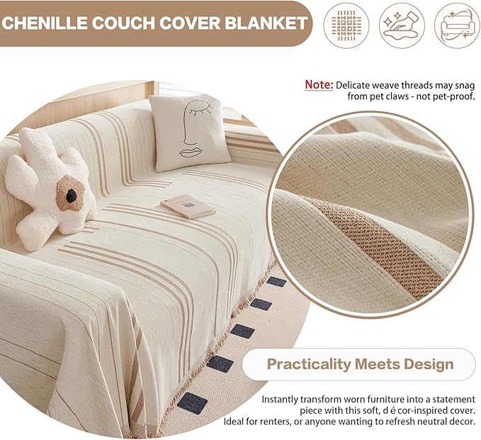 DREAMINGO Couch Cover for Sofa, Chenille Couch Cover Blanket, Washable Sofa
