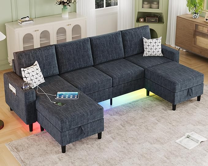 Sectional Couches for Living Room, 6-Seats Soft Linen Fabric Sectional Sofa