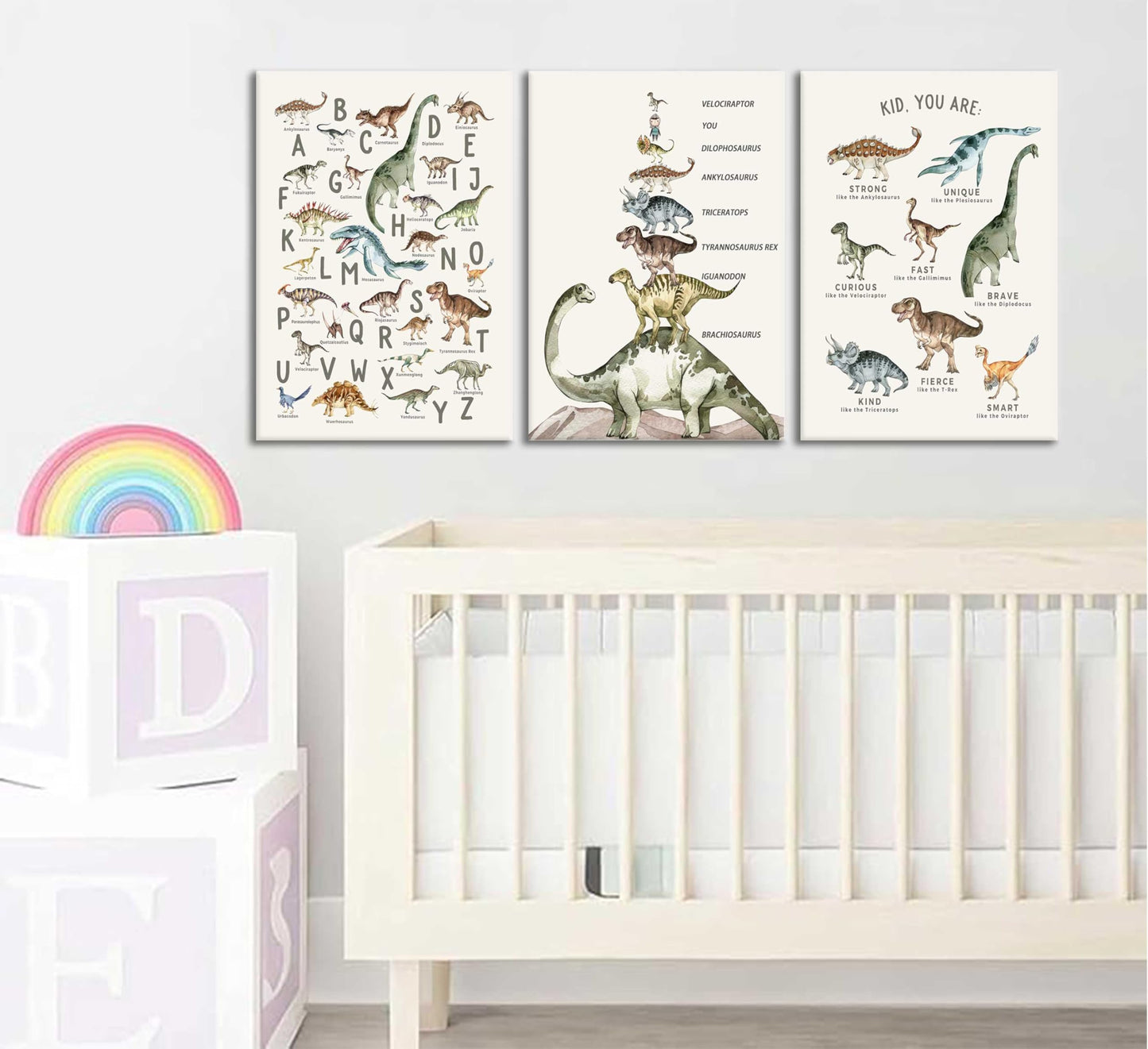 3Pcs Kids Dinosaur Species Canvas Wall Art Dinosaur Alphabet Painting Boys Room Wall Decor Tyrannosaurus Encyclopedia Educational Posters Prints Teen Cool Pictures for Home Classroom Nursery Framed