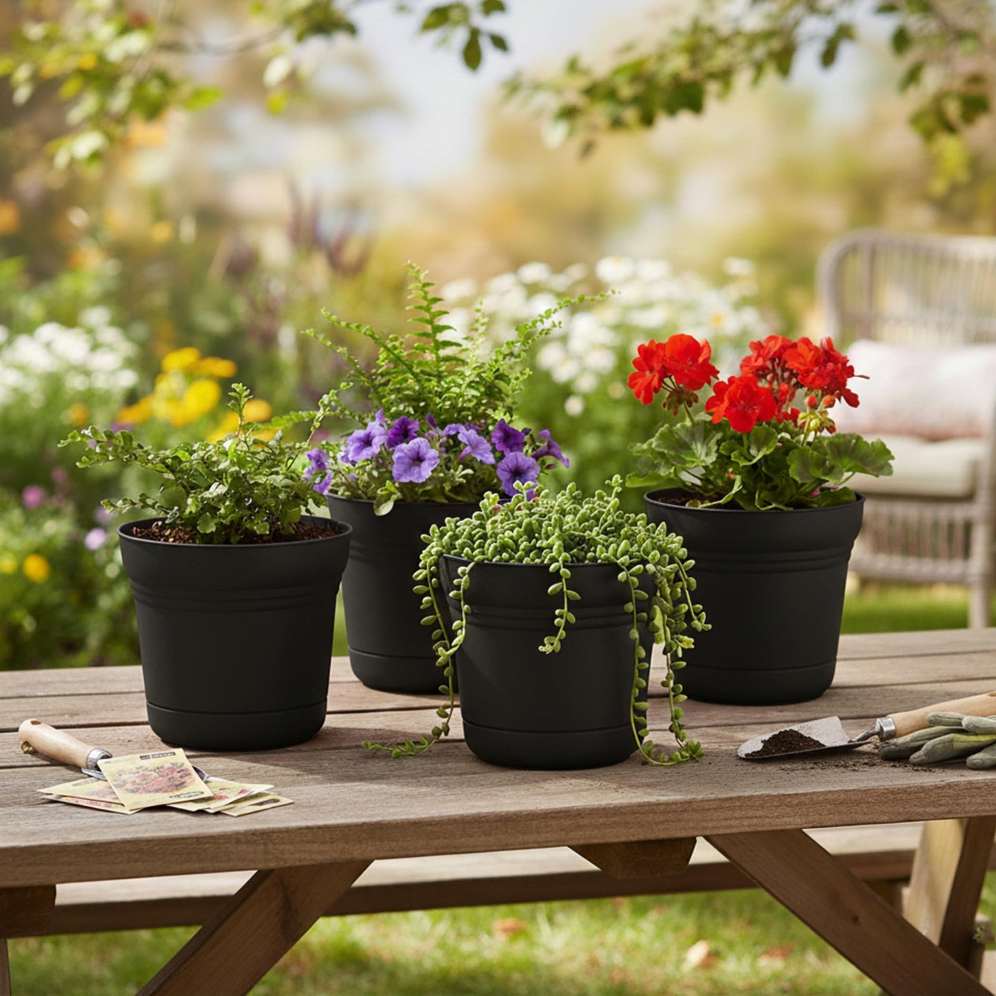Bloem Saturn 7" Round Plastic Planter - Indoor/Outdoor, Snap-in Saucer & Drainage Holes, Black, 4-Pack