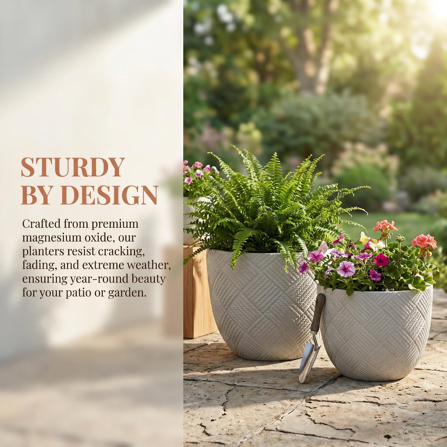 Set of 2 Large Oxide Magnesium Concrete Planters (15" & 18") - Round Grey Rustic Flower Pots with Drainage Holes, Handcrafted Outdoor Indoor Plant Containers for Patio, Front Porch, Garden Decor