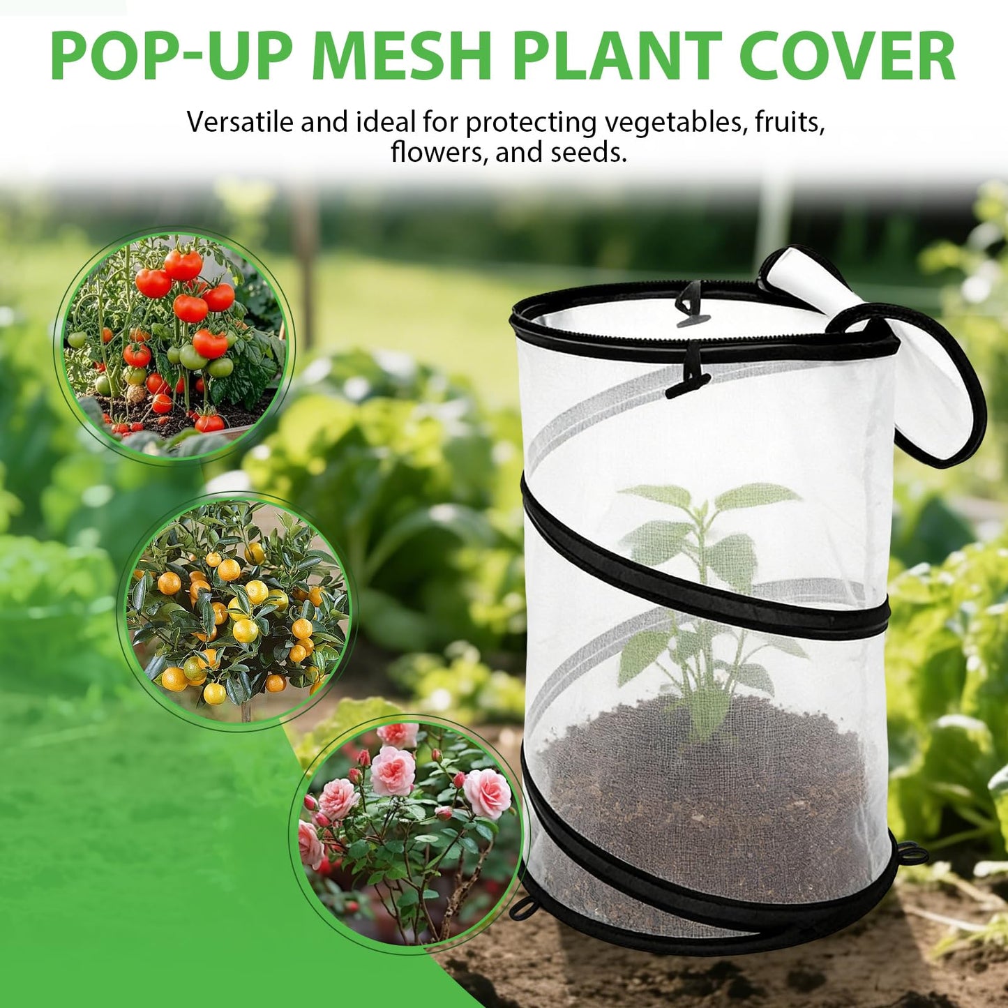 Hoypeyfiy 4 Pcs Pop Up Insect & Bird Barrier Plant Cover Net, 24"x12" Round Foldable Mesh Protector, Garden Cage Guard with Stakes & Carry Bag, Keep Animals & Birds Out for Vegetables and Flowers