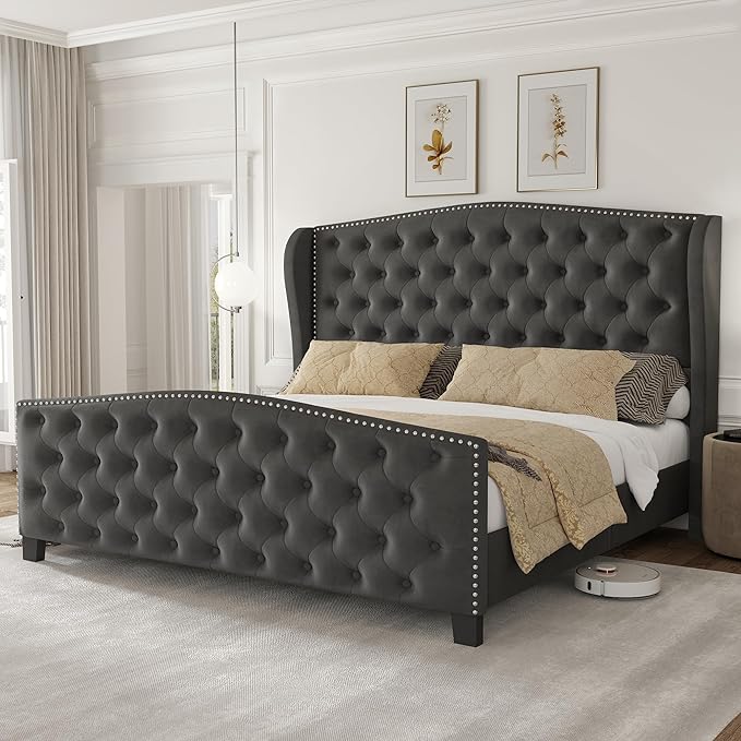 LARMACE Queen Size Bed Frame Velvet Upholstered Platform Bed