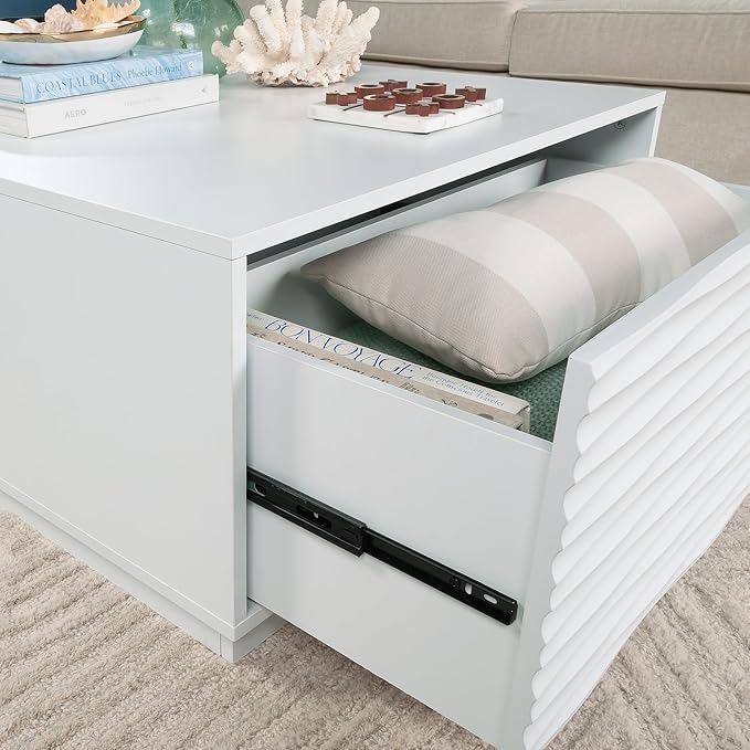 White Coffee Table with 2 Storage Drawers 31 in, Modern Living Room Center