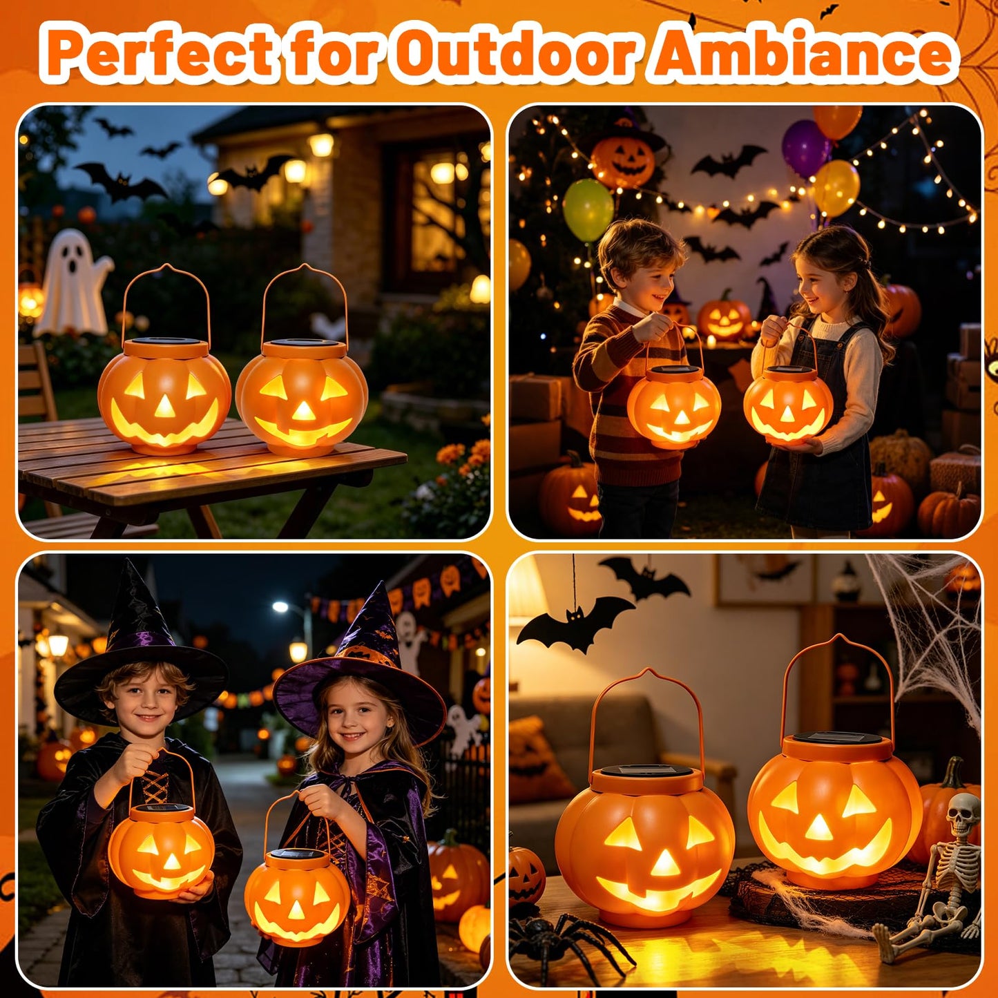 BRIGHTDECK Halloween Pumpkin Solar Lanterns 2 Pack, Jack O Lantern Pumpkin Lights for Halloween Decorations Outdoor, Weatherproof & Portable Fall Yard Decor (2Pack Warm White)