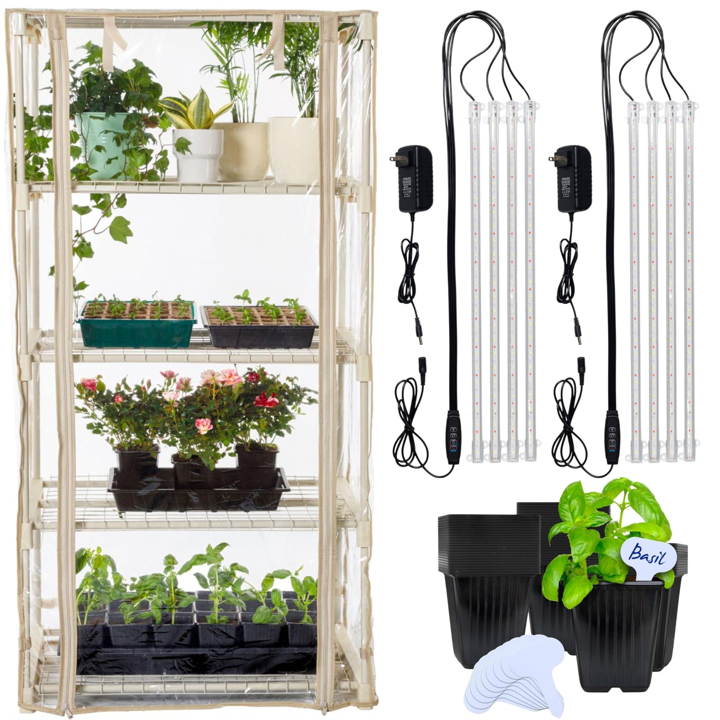 Carpathen Indoor Greenhouse with Grow Lights and 60 Nursery Pots Pack - 4 Tiers 27.2"L x 19.3"W x 54"H with 2 Dimmable Full Spectrum Light Strips and Spectrum Control - Mini Greenhouse with PVC Cover