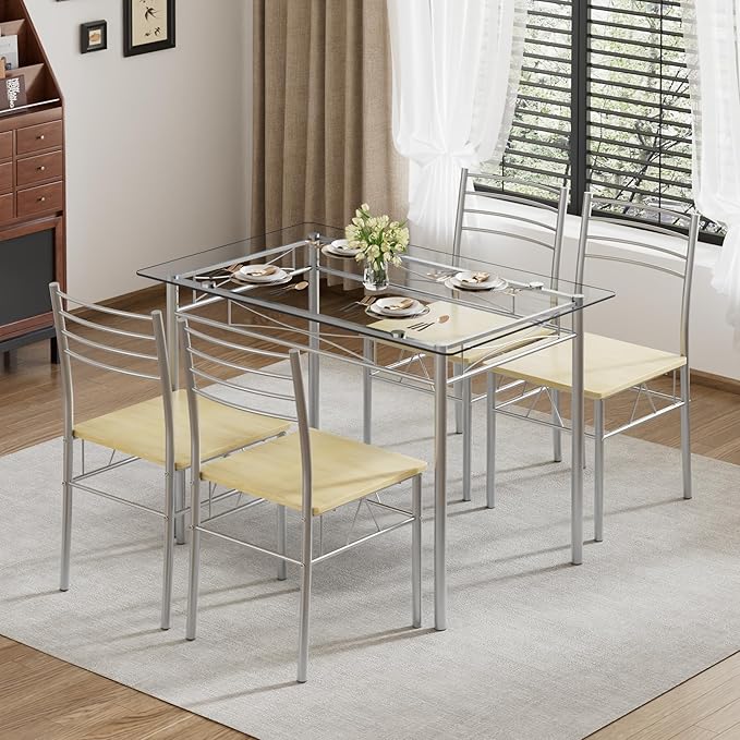VECELO Dining Table Set for 4, 5-Piece Glass Kitchen Table
