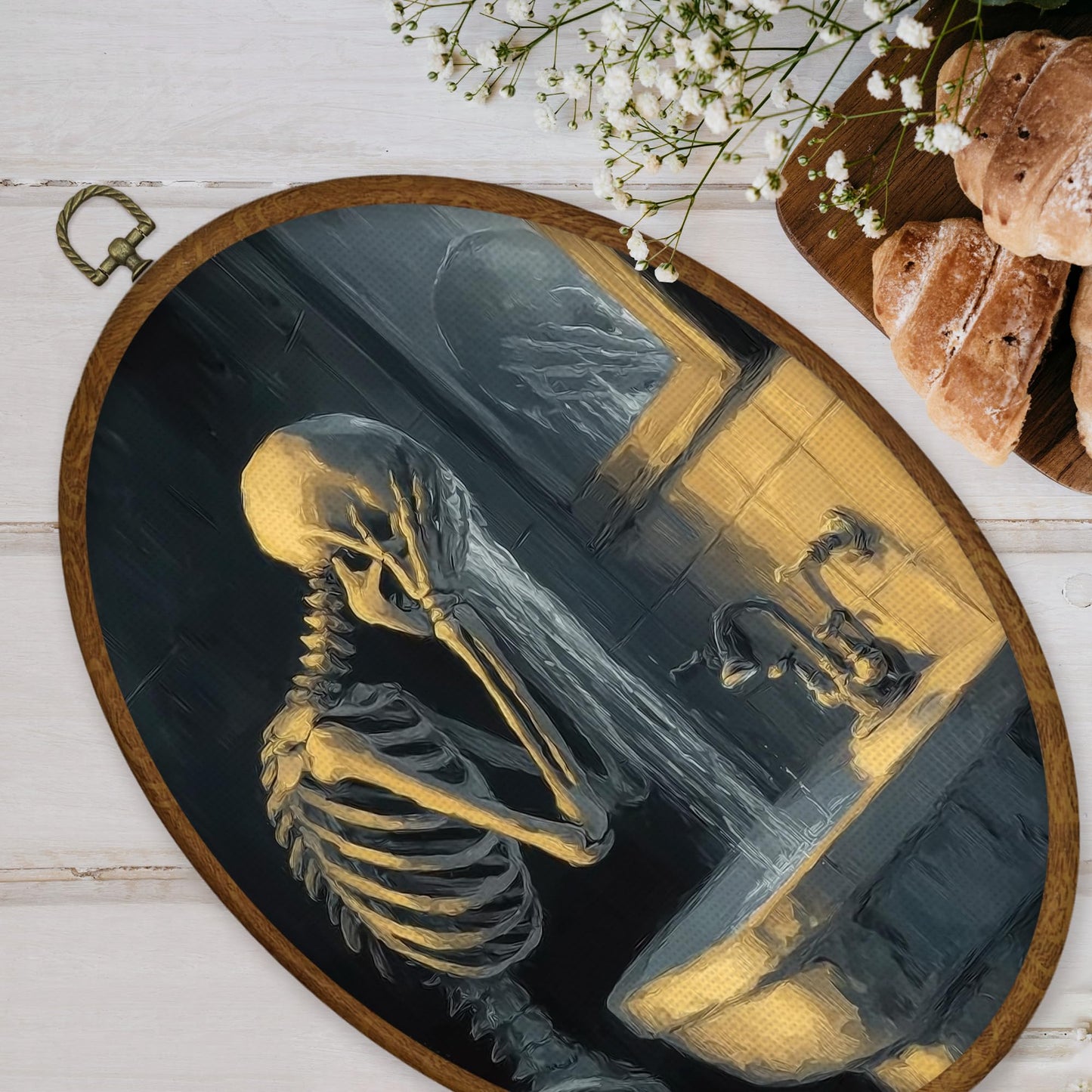 WULQYING Funny Halloween Skeleton Bathroom Wall Art Decor, Gothic Skeleton Oval Framed Canvas Art Prints, Spooky Halloween Wall Hanging Decor for Bathroom Washroom Restroom Toilet, 8.6x11.4 Inches