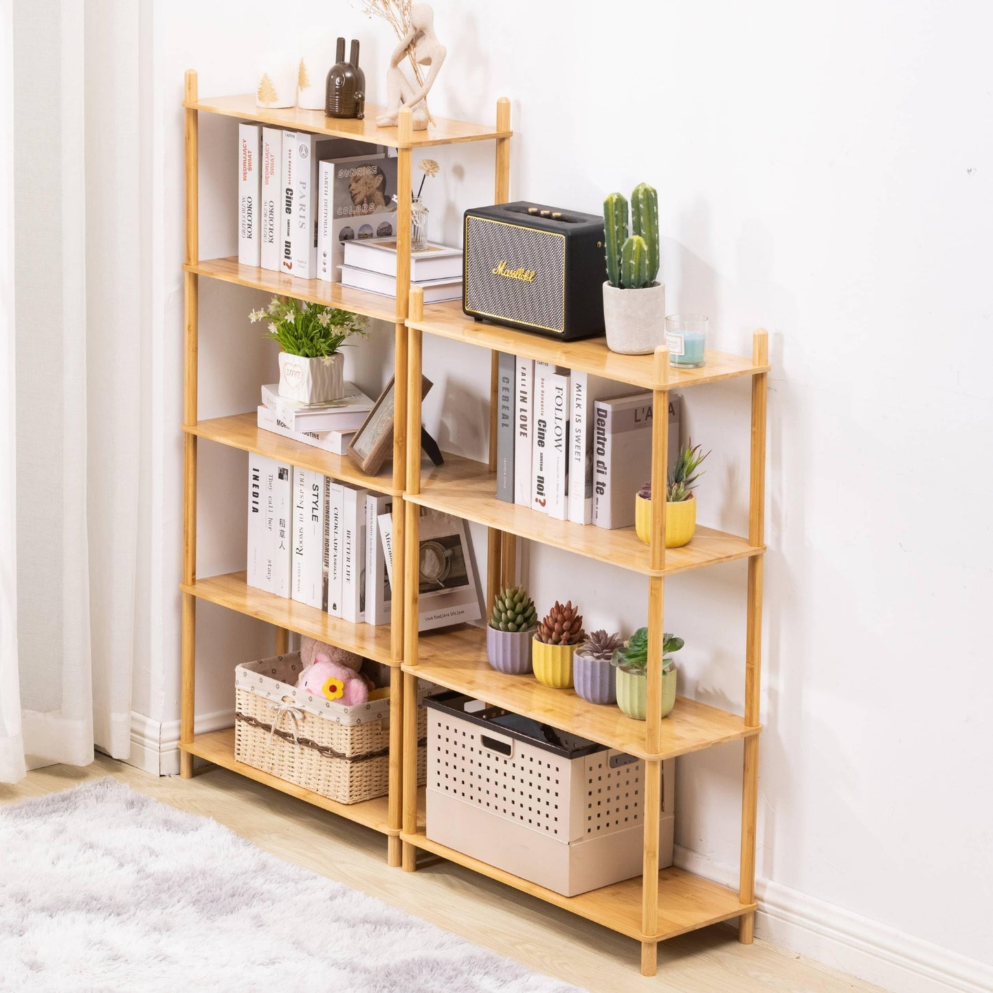 WooFawn 4-Tier Expandable Freestanding Open Bamboo Book Shelf - No-Tool Assembly & Modular,Bathroom Storage Shelf Unit Plant Stand for Small Space, Bedroom, Living Room, Home Office (Natural, 4-Tier)