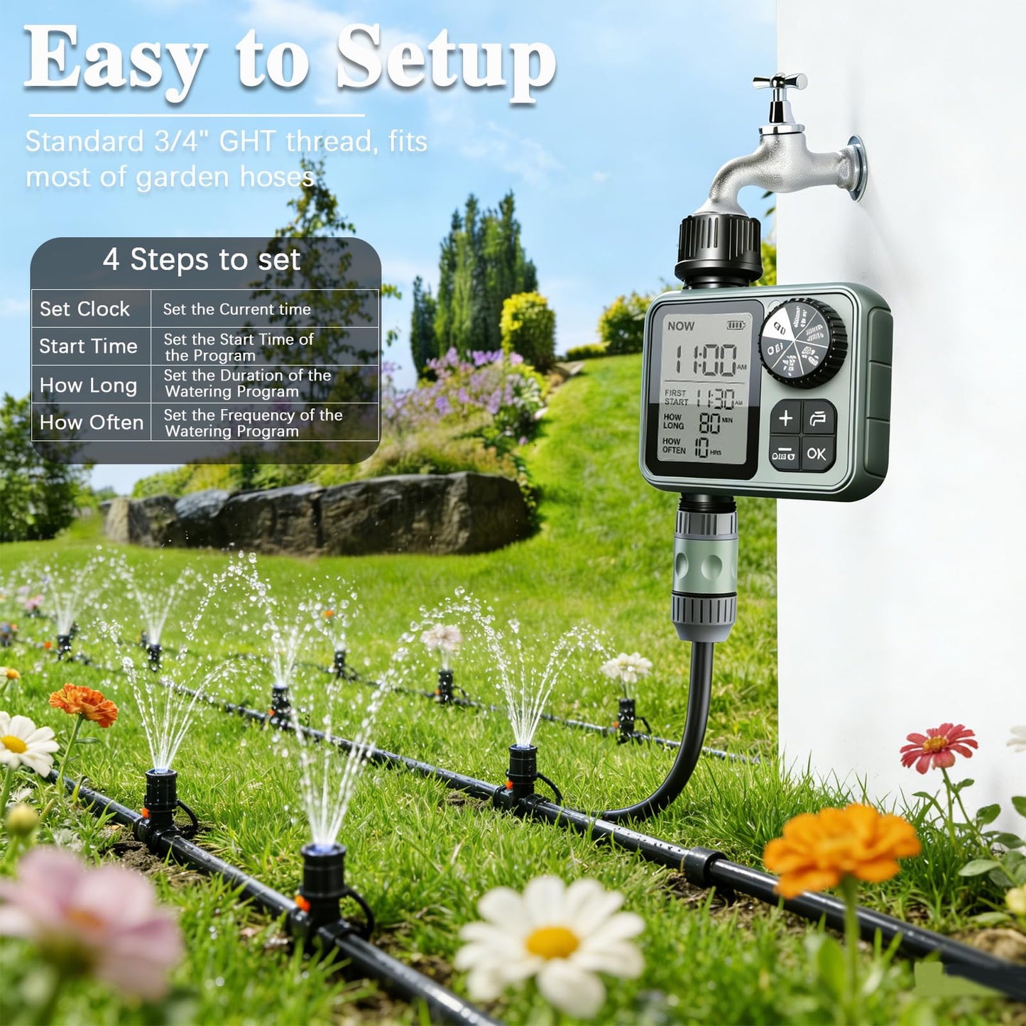 Sprinkler Timer Ourdoor,Digital Pogrammable Hose Timers with Rain Delay/Manual/Automatic Hose Timers for Watering,Smart Water Timer for Garden Hose with Large Display for Garden, Lawn, Yard