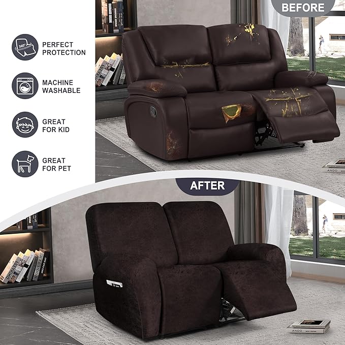 ANARACHON Leather Look Loveseat Recliner Cover, 6-Pieces Stretch Dual Recliner