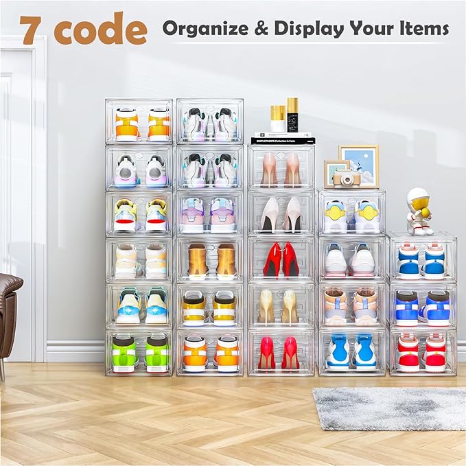 7 code Large Clear Shoe Boxes Organizer【Thicker Material】 Stronger Shoe Box