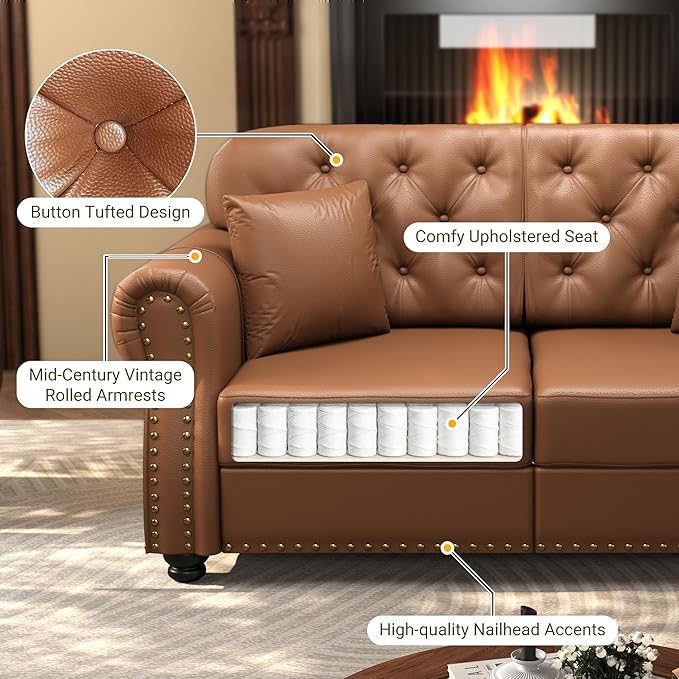 KEIKI 63" Faux Leather Chesterfield Sofa