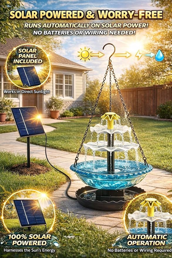 Solar Cascade Hanging Bird Bath Fountain, 2026 New Outdoor Hanging Bird Bath with Solar Fountain, Large Humming Birds Baths Fountains, with Solars Pump & Glass Bowl, for Outdoor, Gardens (#8)