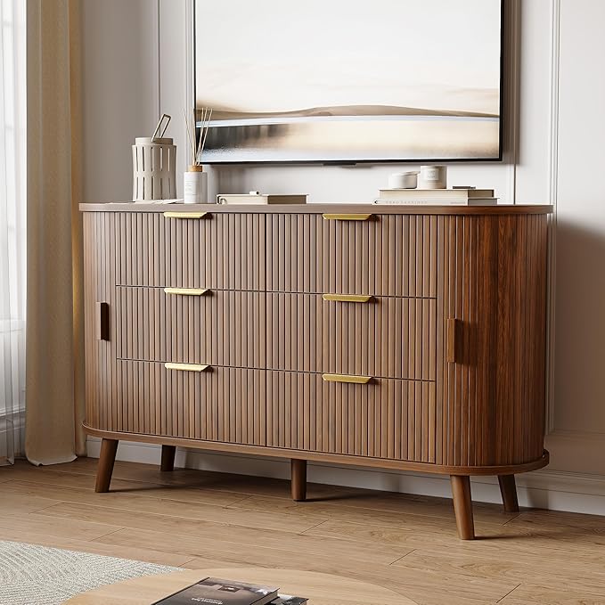 Decofy Fluted 6 Drawers Dresser, Curved Profile & Sturdy Legs, Wood TV Stand