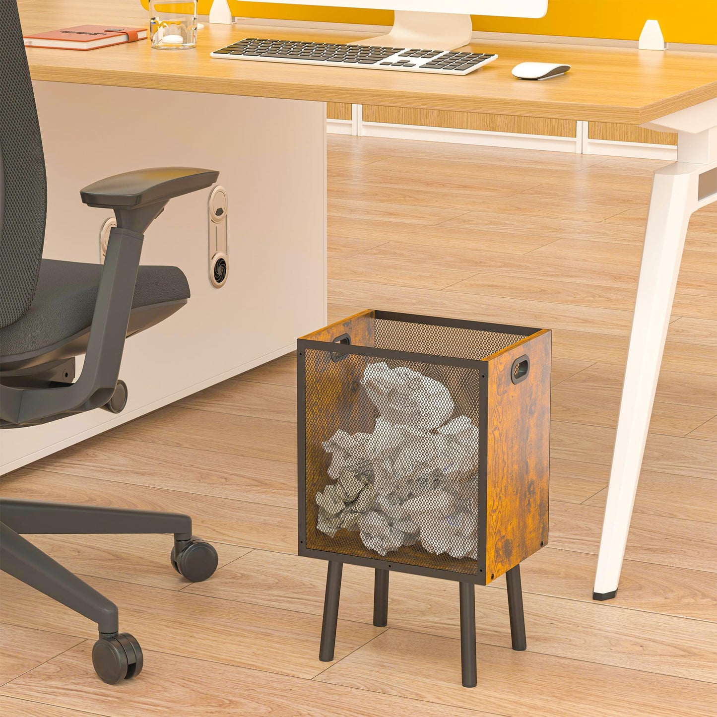 Yuyetuyo 4.5 Gallon Office Trash Can for Near Desk, Wood Bedroom Trashcan Rectangular Wastebasket with Mesh - Handles - Leg, Small Garbage Can Trash Bin for Office Bedroom Living Room Bathroom Dorm