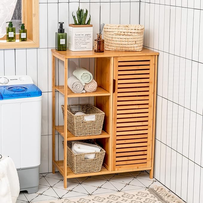 Tangkula Bamboo Bathroom Floor Cabinet, Storage Cabinet