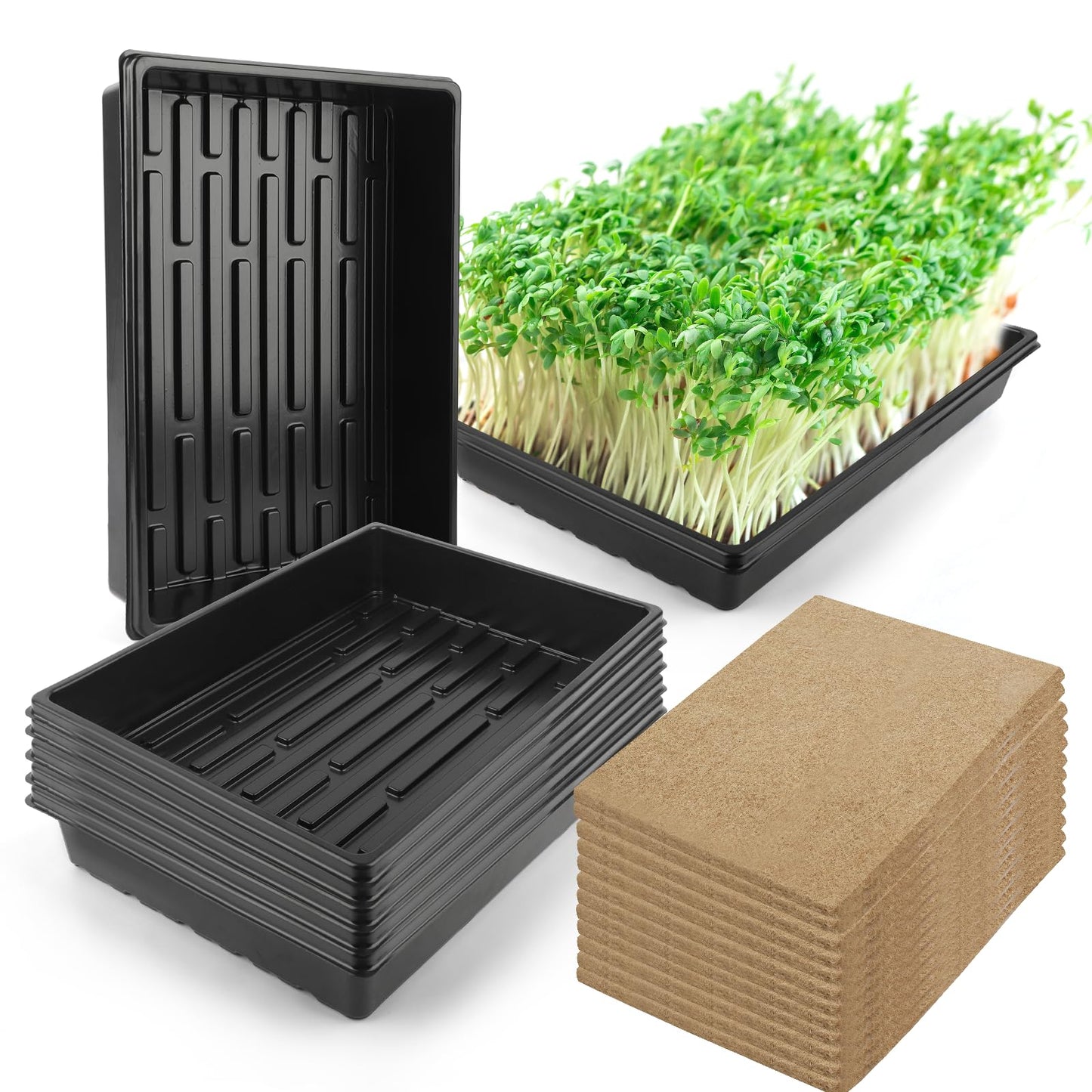 10 Pack 1020 Seed Starting Trays with 12 Hemp Grow Mats - Extra Thick Microgreens Growing Kit, 21 x 11 x 2.5 Inch Plant Trays with Hydroponic Grow Pads for Wheatgrass, Sprouts, Organic Gardening