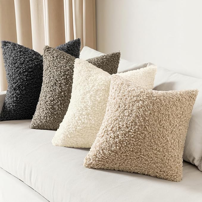 Faux Fur Throw Pillow Covers 18x18 Inch Set of 2 Boucle Neutral Decorative