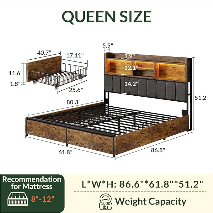LARMACE Queen Bed Frame with 6 Storage Drawers, Bed Frame Queen Size with Linen