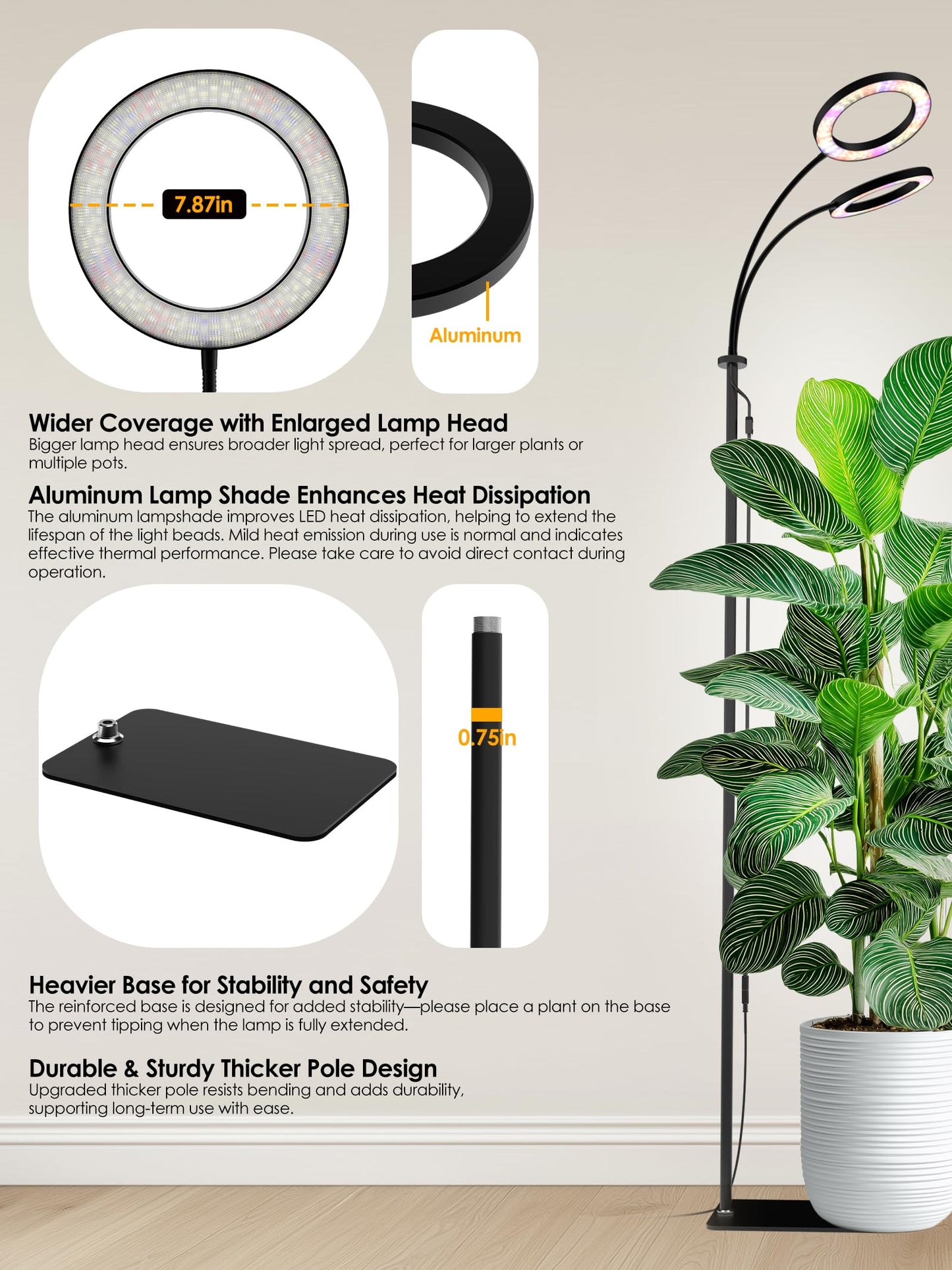 GLOWRIUM Grow Lights for Indoor Plants, Full Spectrum LED Grow Light, Stepless Dimming,3 Lighting Mode and Adjustable Height, Plant Light with 3/9/12/16H Timer (Black, Dual Heads)