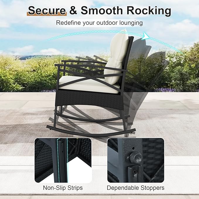 Tangkula 3 Pieces Outdoor Rocking Chairs Set, Rattan Heavy Duty Cushioned