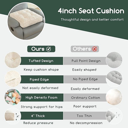 Tufted Corduroy Recliner Seat Cushion for Elderly, High Density Foam Large Square Seat Cushion for Recliner Chair, Floor Pillow, Office Chair, Car, No Pressure on Thighs, 20x20x4