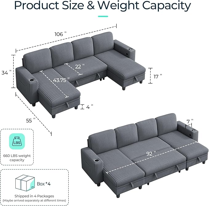 LINSY HOME Sectional Sofa with Pull Out Bed, 4 Seats Corduroy Reversible