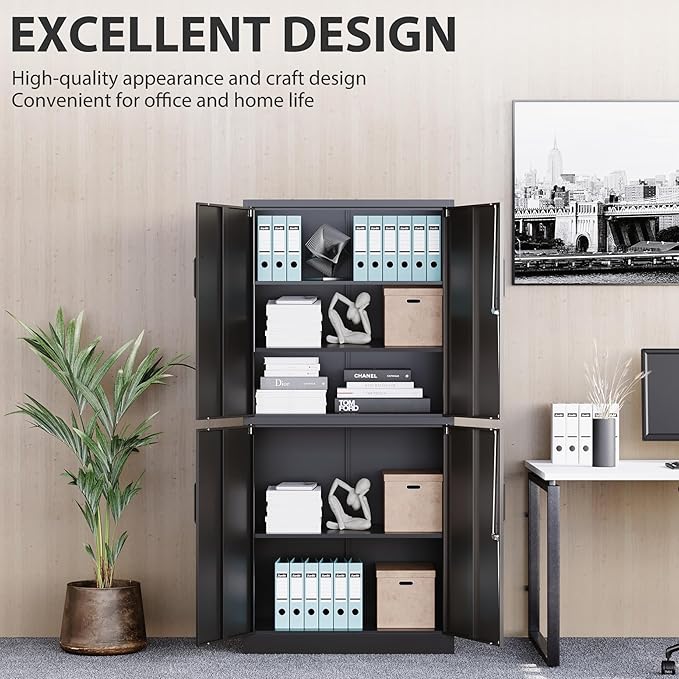 Metal Storage Cabinet with 3 Adjustable Shelves and 4 Doors, Steel Tool Cabinets