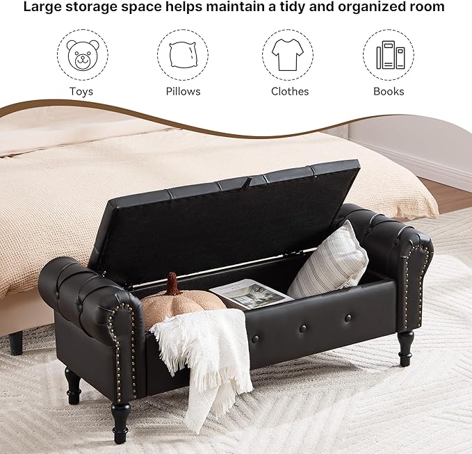 Storage Bench for Bedroom, Faux Leather 51" End of Bed Bench, Queen Size Bench