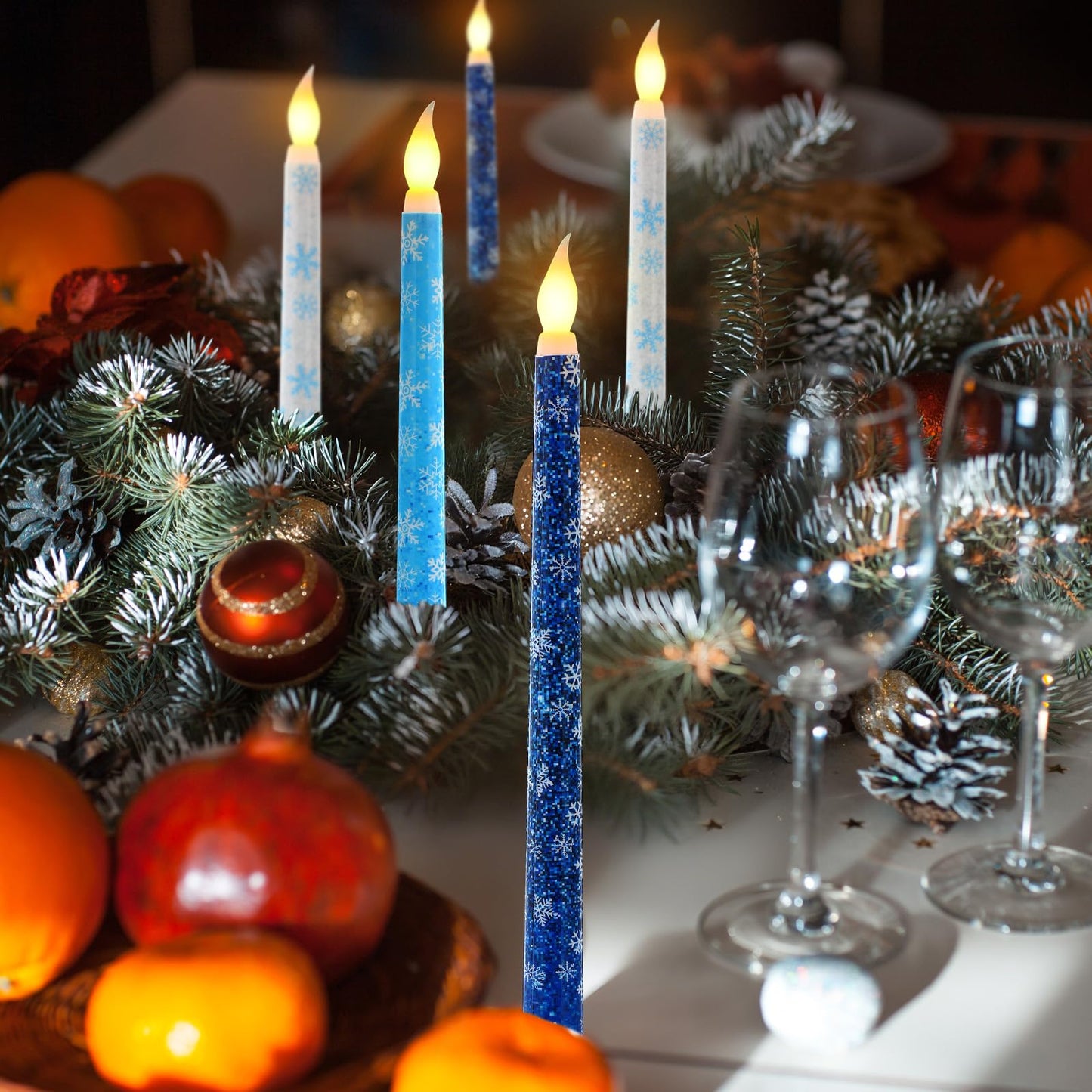 Kittmip 6 Pcs Snowflakes Wonderland Flameless Taper Candles 11 Inch Winter Battery Operated LED Candles Blue White Table Centerpiece for Christmas Xmas Holiday Party Decor