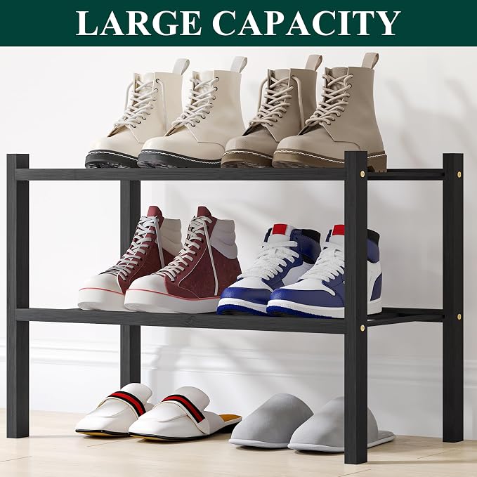 Smiry Small Bamboo Shoe Rack, 2 Tier Free Standing Wooden Shoe Organizer, Stackable Wood Shoe Storage Shelf for Closet, Entryway, 12 Vertical Slats, One-piece Standard Legs, 17.3"x11"x13", Black